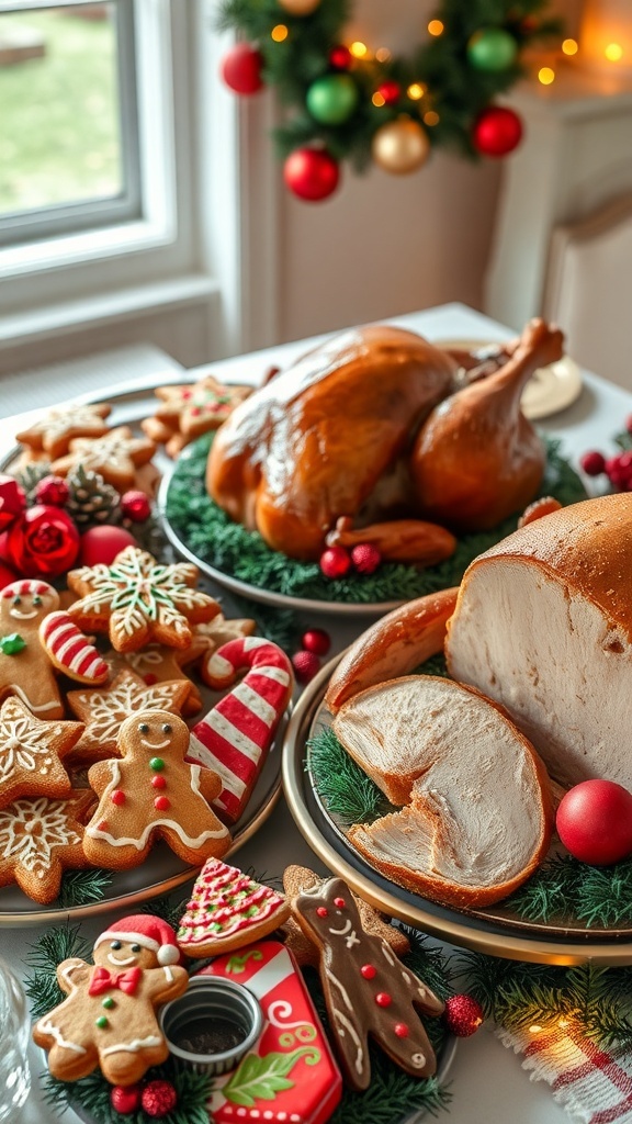 A festive assortment of Christmas cookies, fruitcake, and turkey on a decorated table.